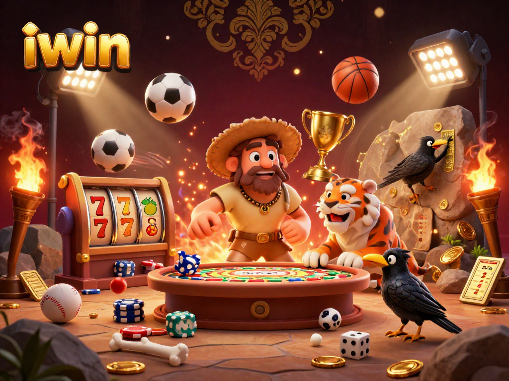 Experience the exciting iwin casino world with a vibrant 3D scene featuring playful characters and dynamic sports elements.