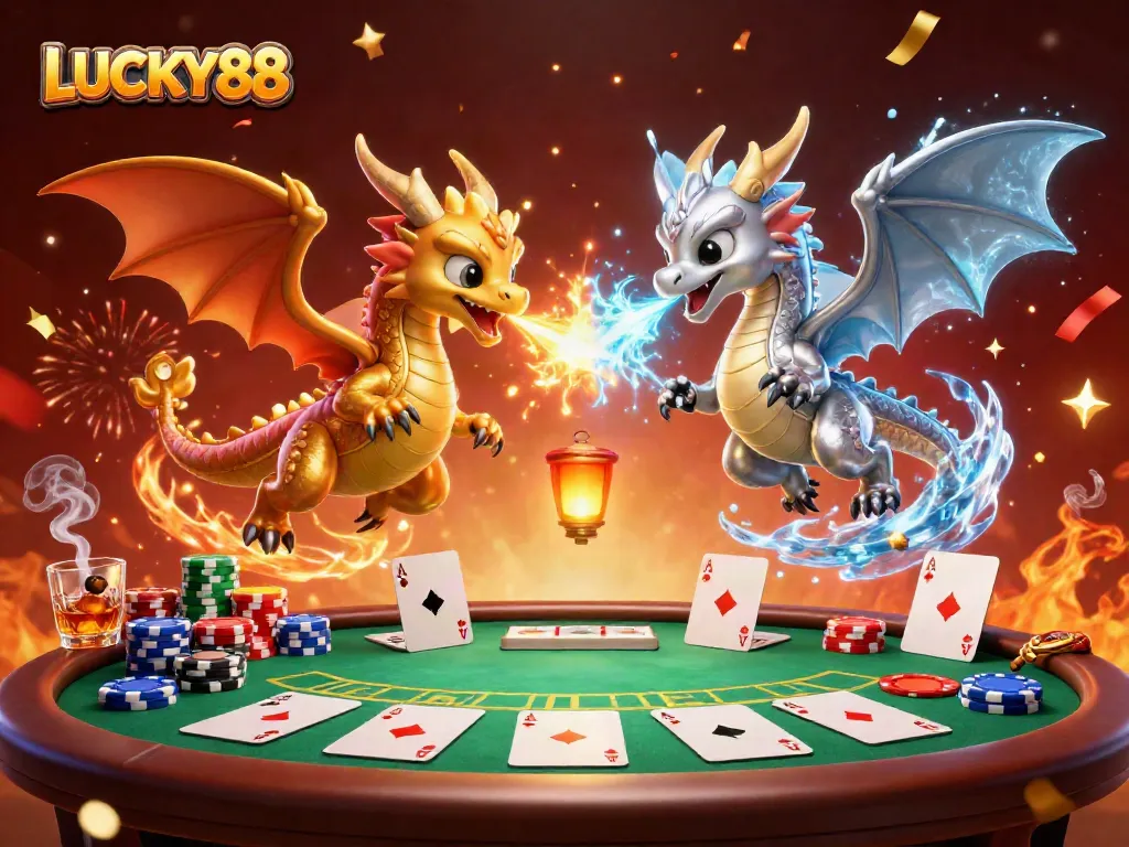 Join the excitement with LUCKY88 dragon duel as they unleash fiery and icy breath above poker tables.