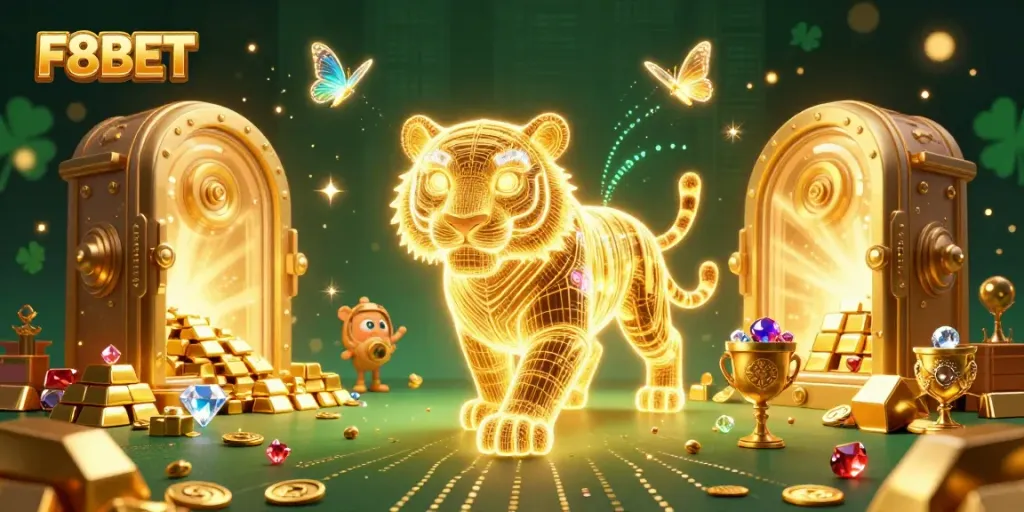 Experience the thrill of F8BET with a captivating digital casino scene filled with treasures.