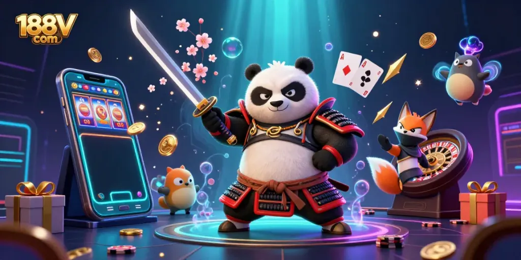 Engage with 188V com in a vibrant casino scene featuring a samurai panda, ninja fox, and tanuki amidst exciting game elements.