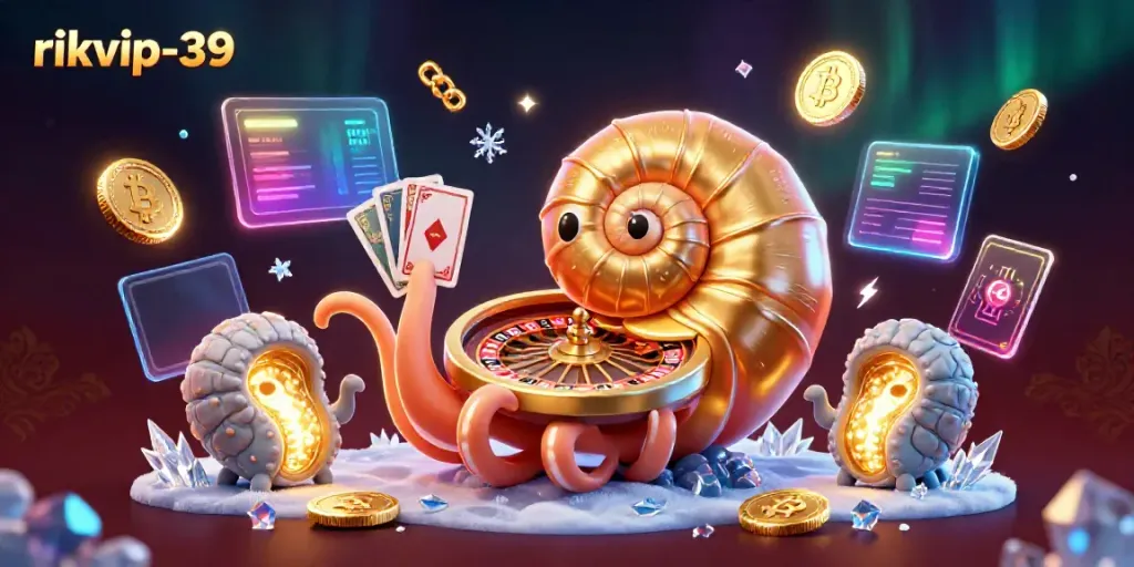 Experience thrilling gameplay with rikvip-39, featuring an ancient nautilus roulette wheel and glowing crypto coins.