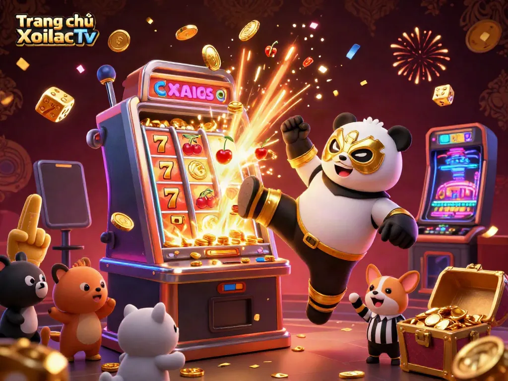 Experience excitement at Trang chủ XoilacTv with a vibrant scene of 3D characters celebrating gambling wins surrounded by dynamic casino elements.