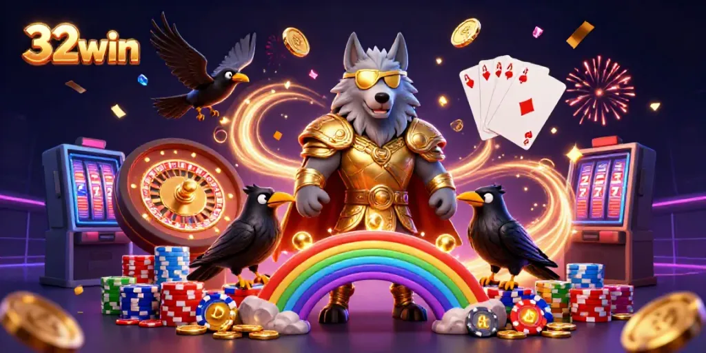 Experience excitement at 32win with Odin and ravens amid cascading treasures in a vibrant casino scene.