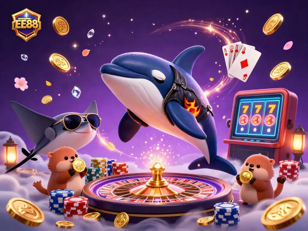 Experience thrilling casino action with EE88, featuring a jumping orca, stingray, and sea otters sharing golden coins.