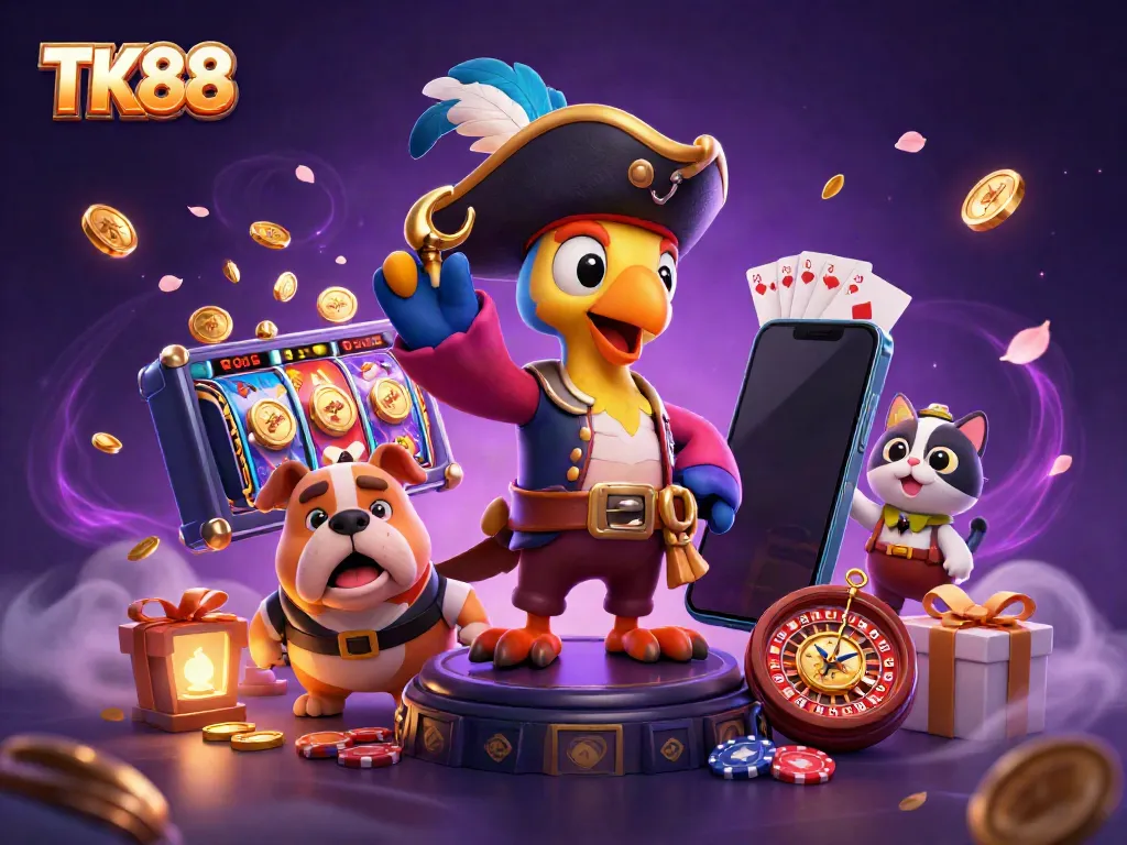 Experience the excitement of TK88 with vibrant slot games and engaging casino characters.