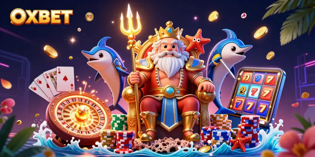Experience the thrill of OXBET with Neptune amid dazzling casino treasures.