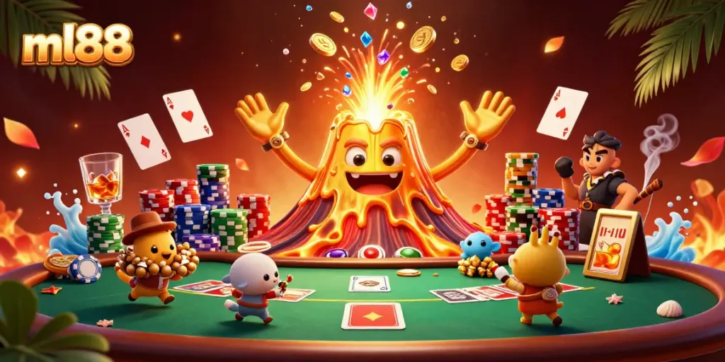 Experience thrilling wins at ml88 with a vibrant gaming scene featuring poker action and treasure hunters.