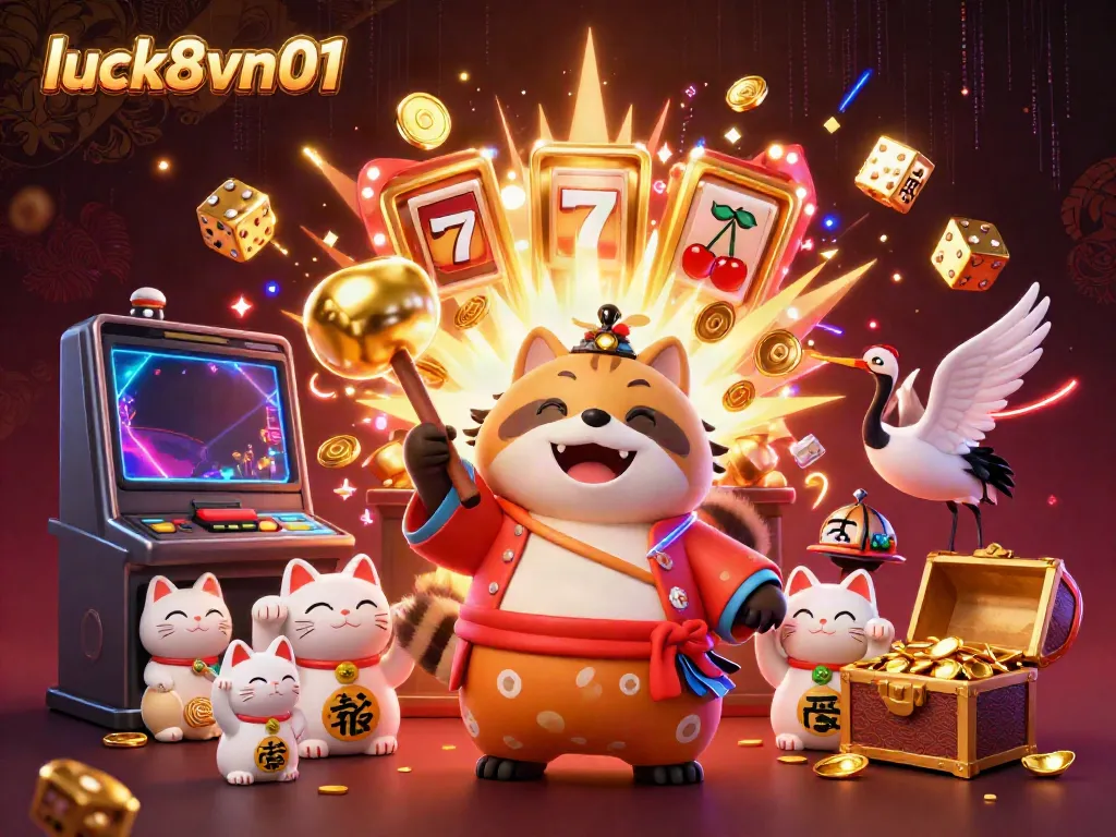 Experience the vibrant luck8vn01 casino scene filled with cheerful characters, jackpots, and exciting game elements.