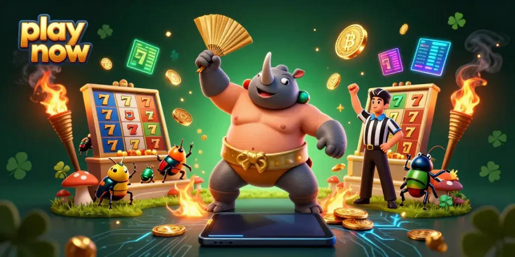 Play now and win with exciting slot reels and golden coins in an engaging 3D scene.