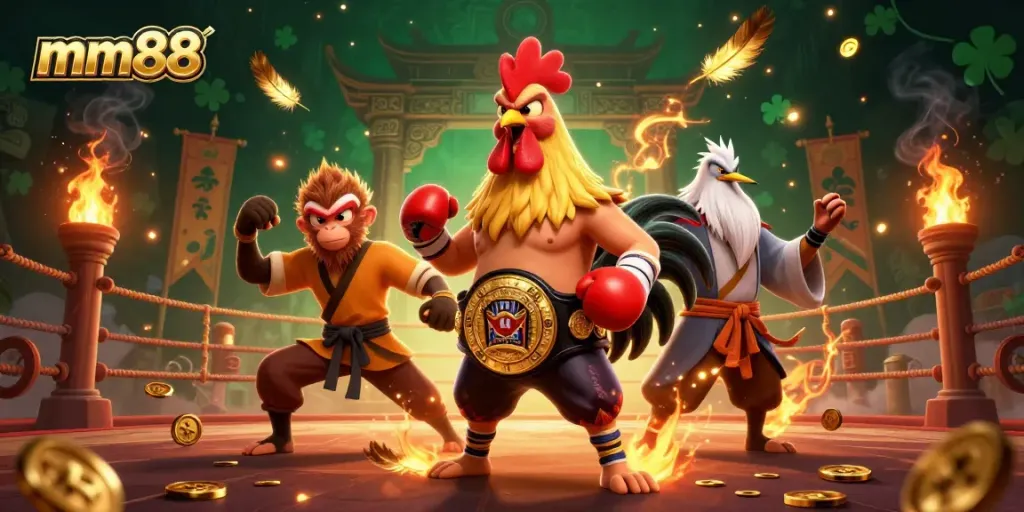Experience the thrill of mm88 with a vibrant, dynamic casino illustration featuring iconic game elements.