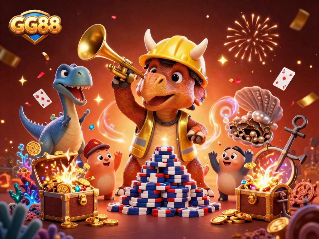 Cheerful scene of GG88-themed characters building poker chip pyramids amidst vibrant casino elements.