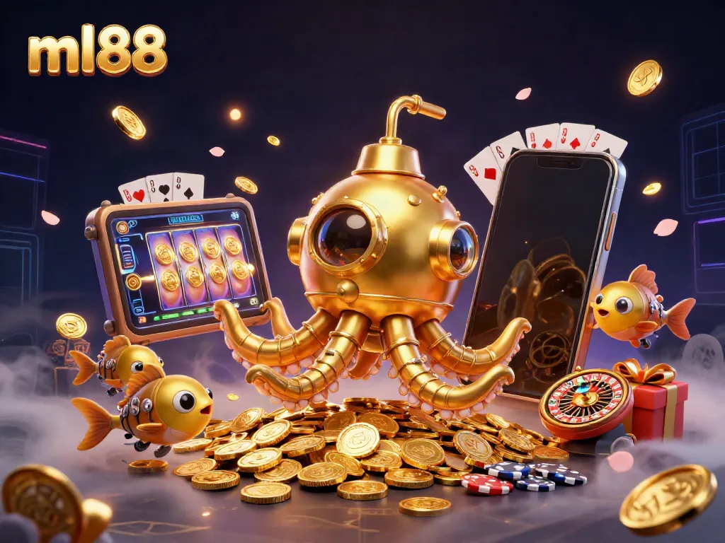 Experience thrilling gaming action at ml88 with a dynamic scene featuring an epic kraken and golden coins.