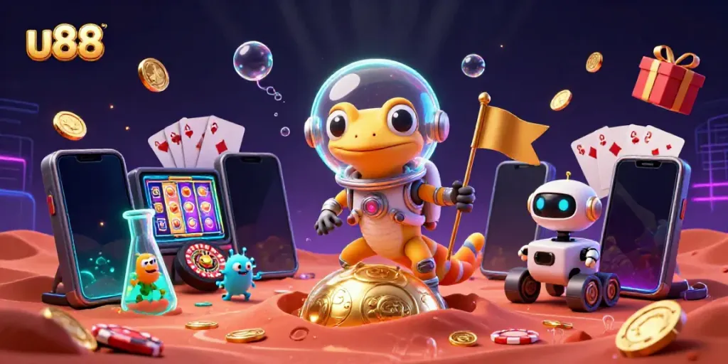 Join the Martian gecko and robot rover at the u88 golden casino adventure, celebrating big wins.