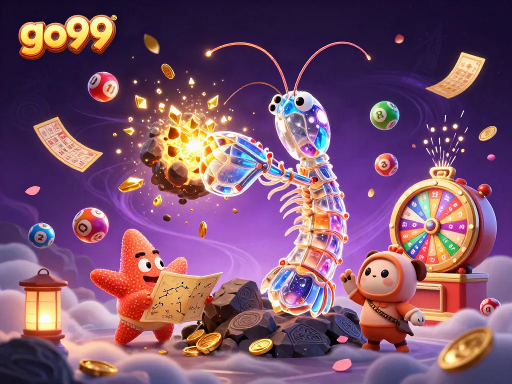 Experience the excitement of go99 as the galactic mantis shrimp triumphantly smashes through an asteroid, scattering golden gems.