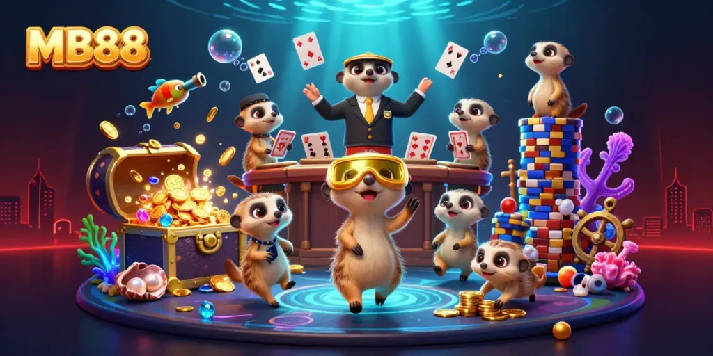 Win big at MB88 with meerkats running a vibrant casino, showing dynamic gameplay and colorful treasures.