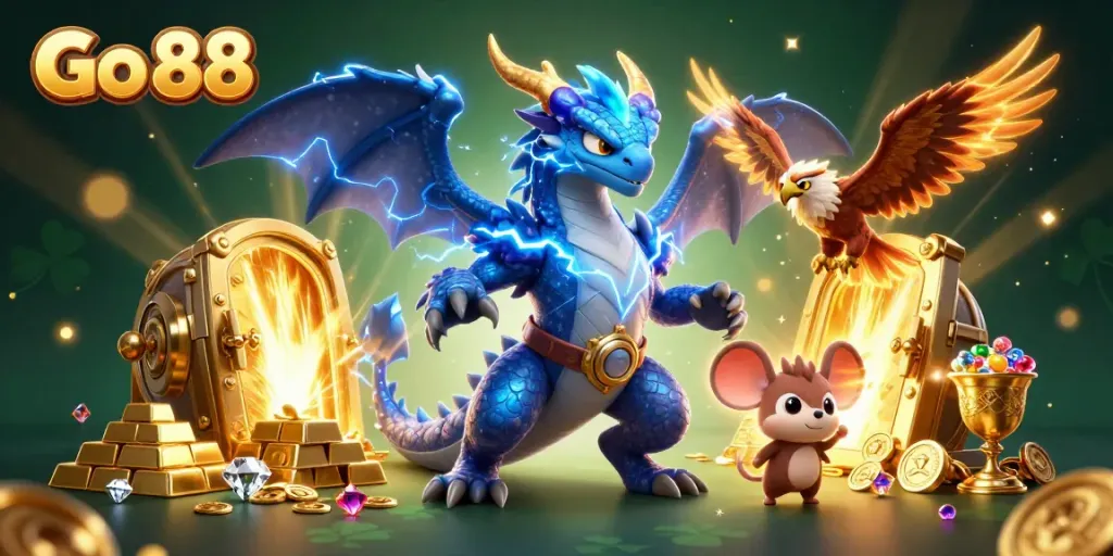 Engage in exhilarating casino action with Go 88, showcasing a thunder dragon, wind hawk, and treasure vault.