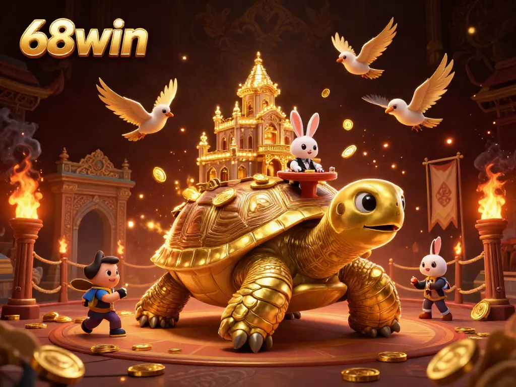 Experience the thrilling world of 68win and its vibrant golden cartoon elements in this casino-themed illustration.