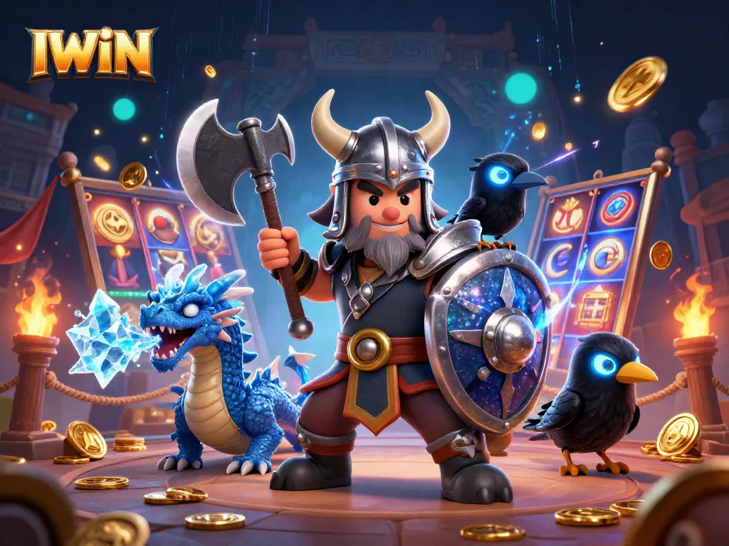 IWIN showcases a Viking warrior and fierce dragon in a vibrant casino setting, perfect for gamers.