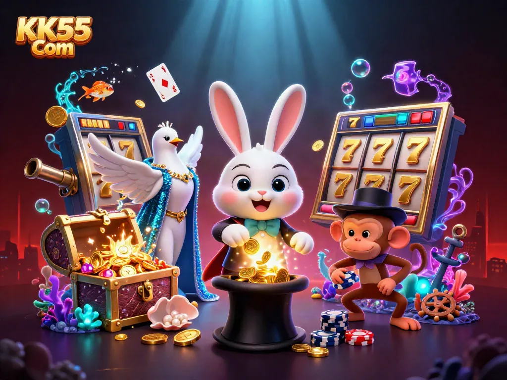 Engage with KK55 Com as a magician rabbit showcases golden coins amid vibrant casino elements.