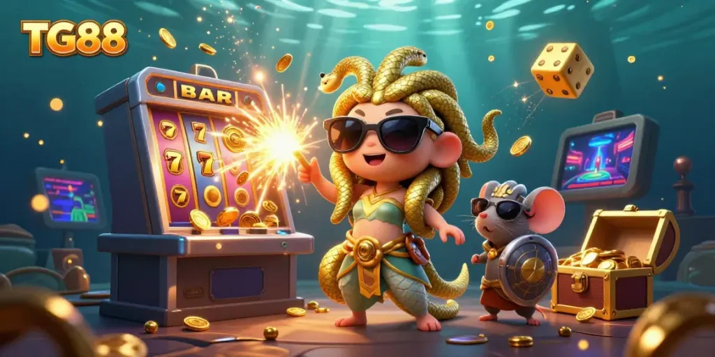Experience the excitement of TG88 with a vibrant 3D casino illustration featuring characters amidst a jackpot explosion.