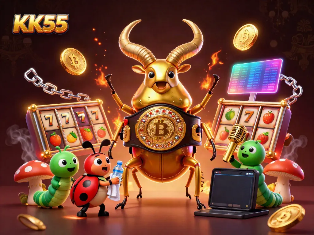 Experience thrilling gameplay with KK55 slots featuring colorful jackpot symbols and glowing cryptocurrency elements.