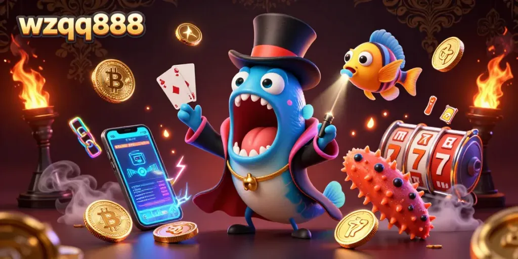 Experience thrilling gaming with wzqq888 as a gulper eel captivates with card tricks amidst vibrant crypto elements.
