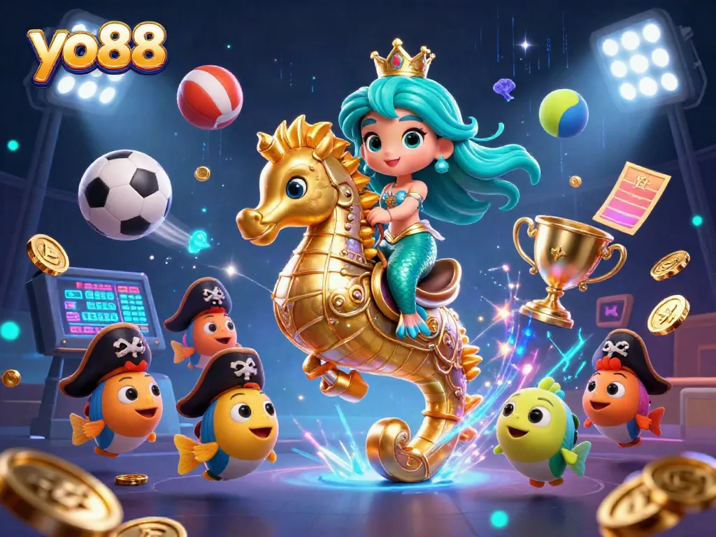 Join the excitement with yo88 featuring a mermaid princess and a giant seahorse amidst vibrant casino game elements.