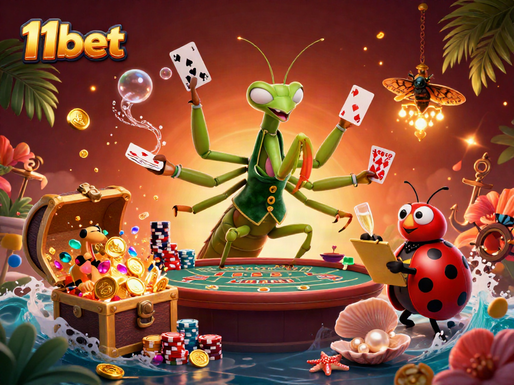 Experience the excitement of 11bet with a giant praying mantis dealing cards in a vibrant casino scene.