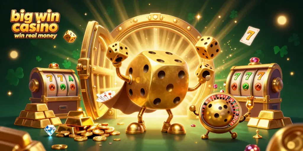 Experience big win casino win real money with golden dice and jewels in an explosive 3D digital illustration.