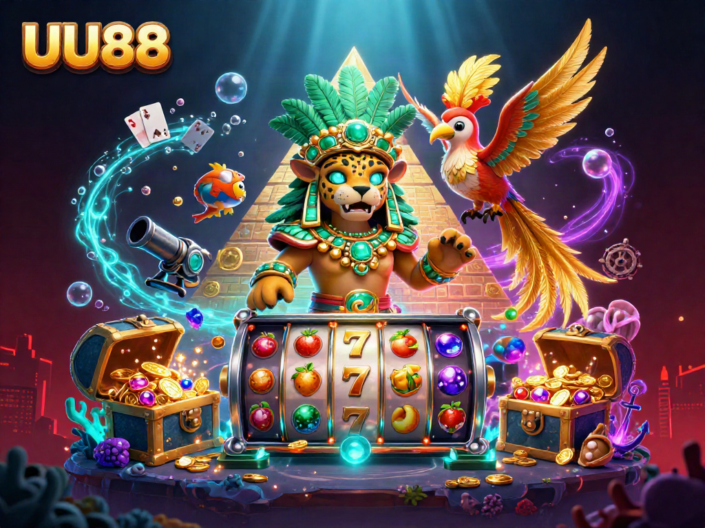 Experience the thrills of UU88 with a vibrant 3D casino scene featuring Mayan themes and rich game elements.