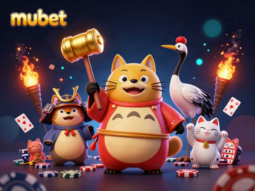Experience vibrant gameplay with mubet's cheerful tanuki and lucky charms in a dazzling casino scene.