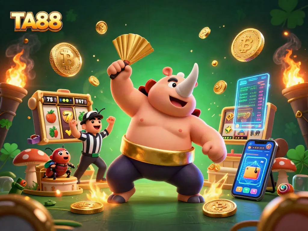 Experience the thrilling action at TA88, where a rhinoceros beetle champion sends coins flying in a dynamic casino environment.