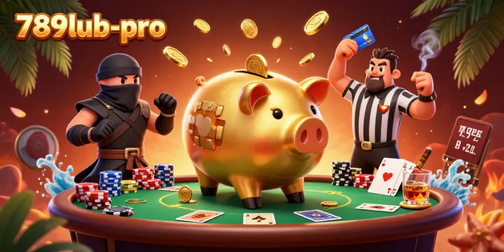Engage with exciting poker action at 789lub-pro featuring a golden piggy bank sumo wrestler and dynamic elements.