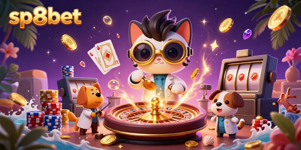 Experience gaming thrills with sp8bet's vibrant casino adventure featuring golden coins and treasures.