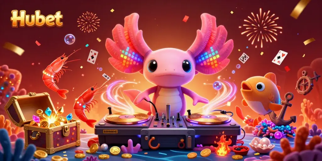 Experience the vibrant Hubet underwater casino featuring neon axolotl DJ and vibrant sea creatures.