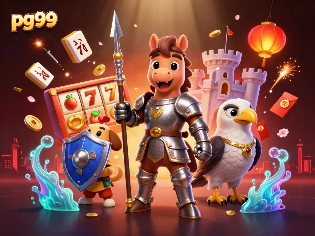 Experience thrilling spins with pg99, featuring knights and luck in a vibrant casino scene.