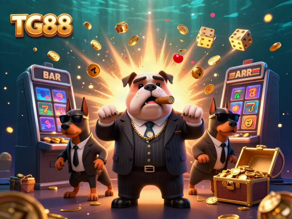 Experience the excitement of TG88 with a 3D casino scene featuring a mafia bulldog and golden jackpots bursting with coins.