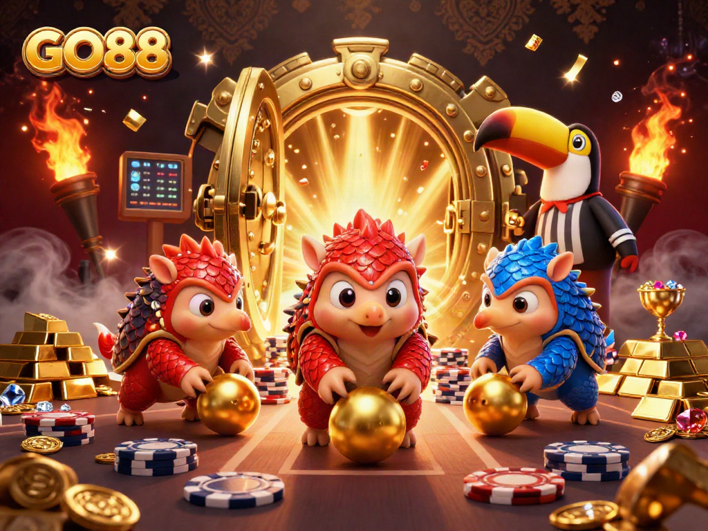 Experience GO88 excitement as rival pangolins compete among poker chips and treasure in a lively casino scene.