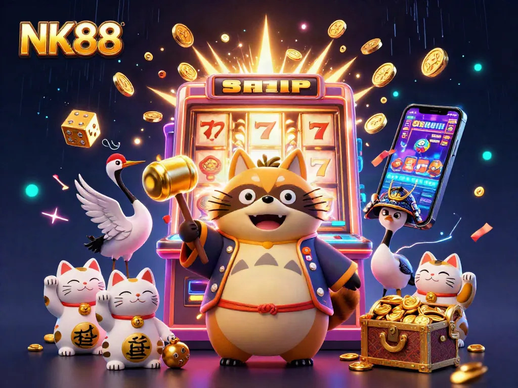Win big with NK88 at a cheerful casino, featuring a lucky tanuki and exciting slot machine action.
