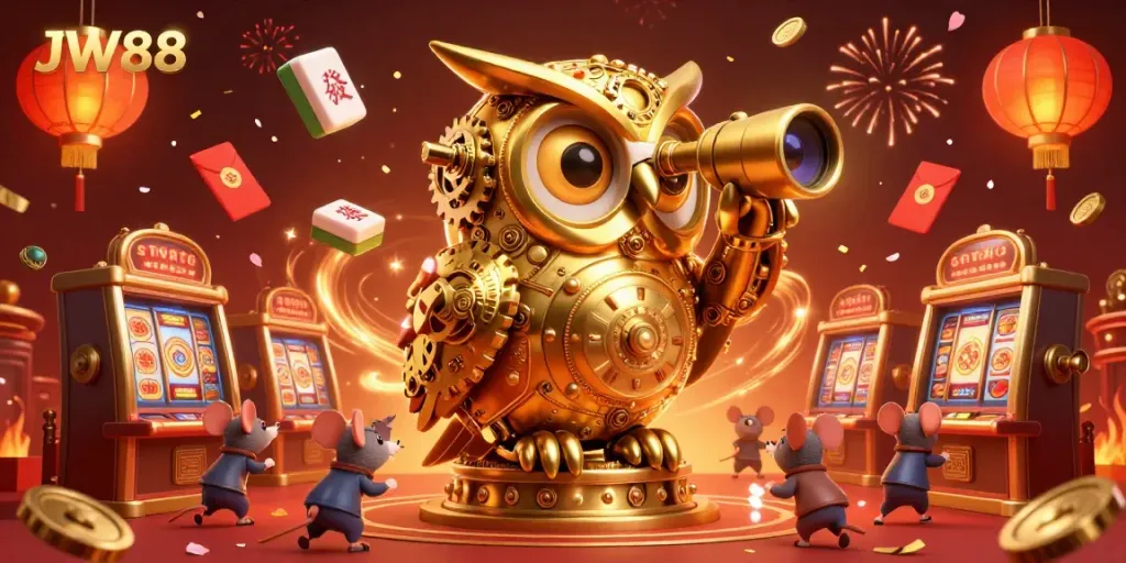Experience the thrill of JW88 with a golden owl surveying a vibrant casino floor filled with excitement and rich gaming features.