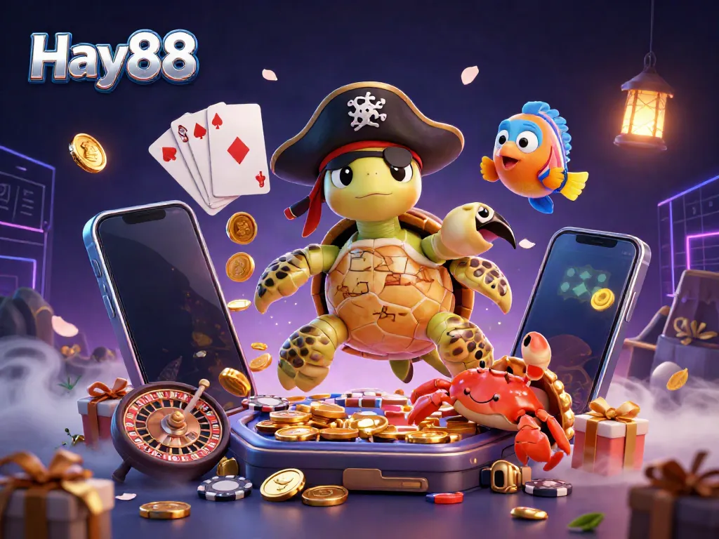 Experience the excitement of Hay88 with a pirate turtle, crab, and parrotfish amid casino treasures.