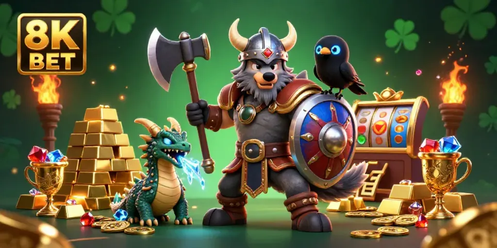 Experience the thrill of 8K BET with vibrant casino characters amid dazzling treasures and slot reels.