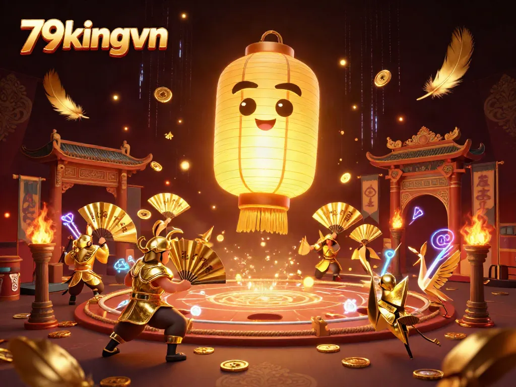 Experience the vibrant thrill of 79kingvn with a dynamic depiction of a casino night market, featuring golden lantern spirits.