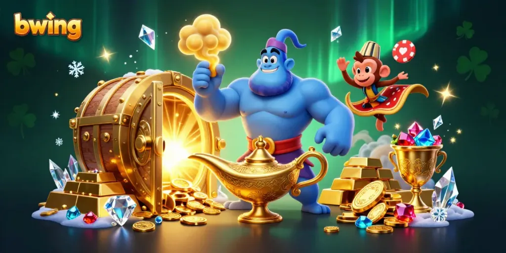 Engage with the bwing adventure featuring a blue genie amidst treasures and poker chips.