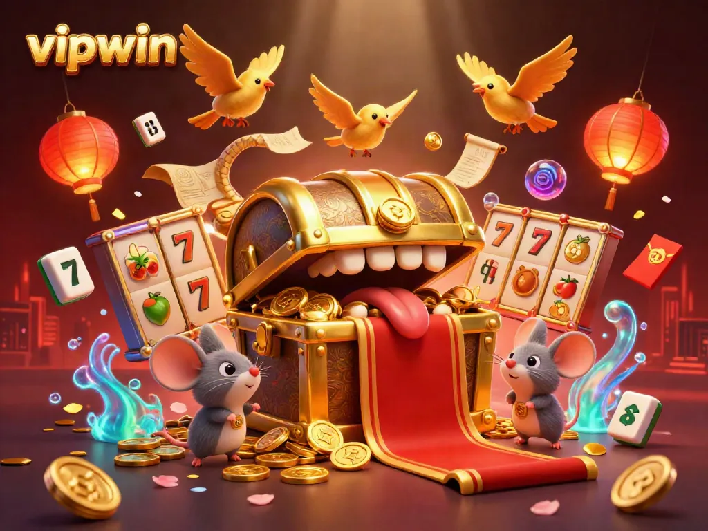 Engage in thrilling adventures with vipwin as a golden treasure chest promises riches in this vibrant 3D scene.