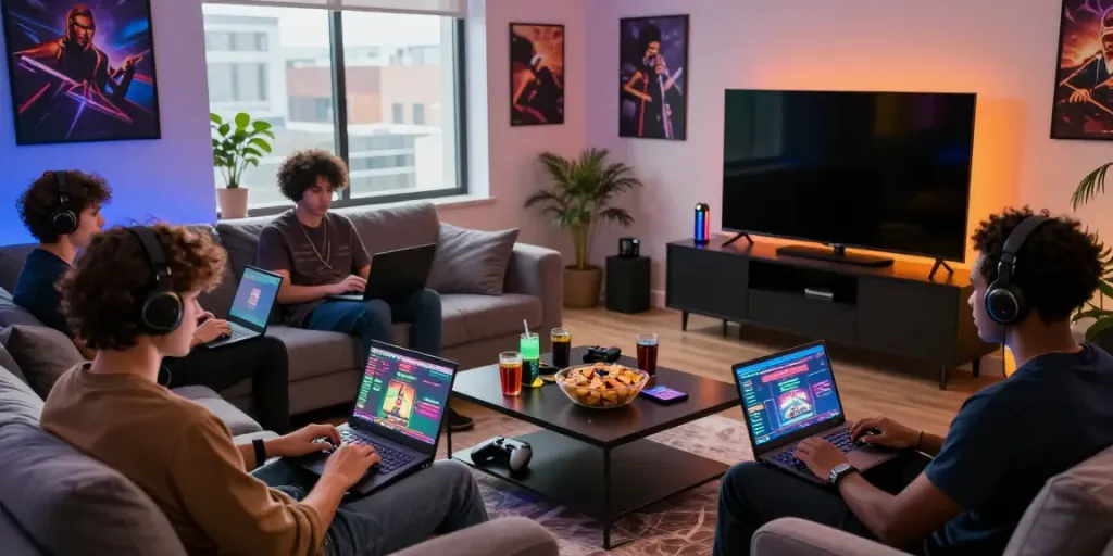 Players enjoying games at online credit card casinos in a vibrant living room setting.