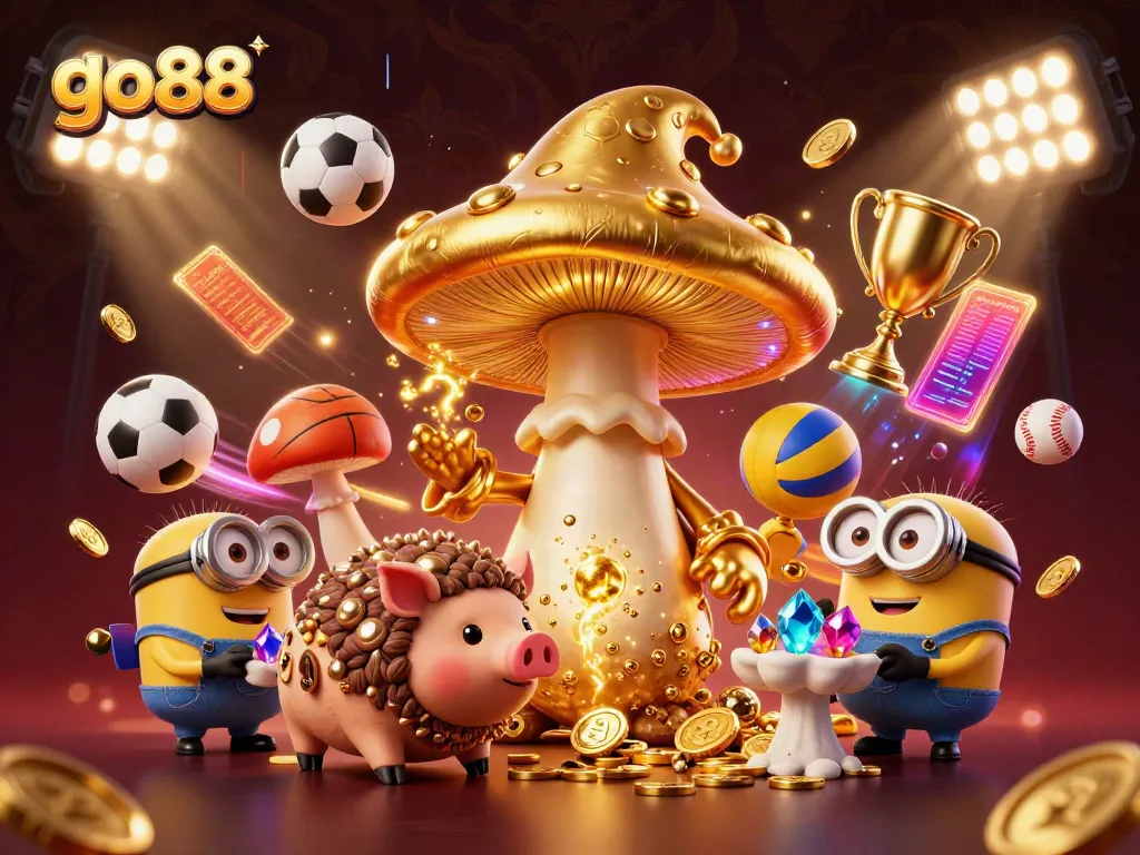 Experience the excitement of go88 with a magical golden mushroom wizard and dynamic sports elements.