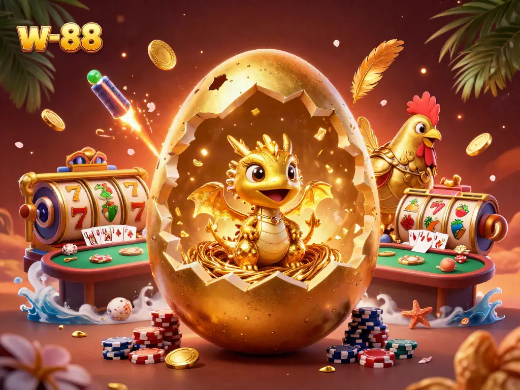 Experience the thrill of w-88 with a golden dragon guarding poker chips in this vibrant casino scene.