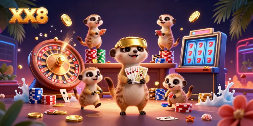 Experience the fun of XX8 casino with meerkats running games, surrounded by sparkling coins and cards.
