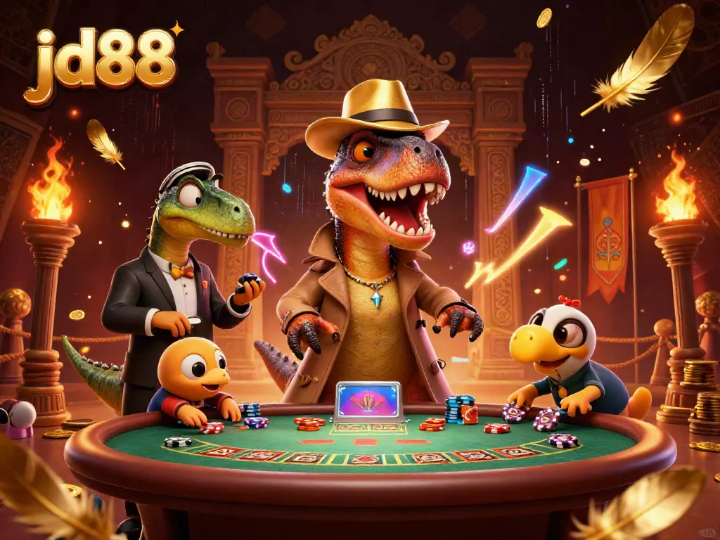 Encounter thrilling gameplay at jd88 with a velociraptor card counter and vibrant casino scene.